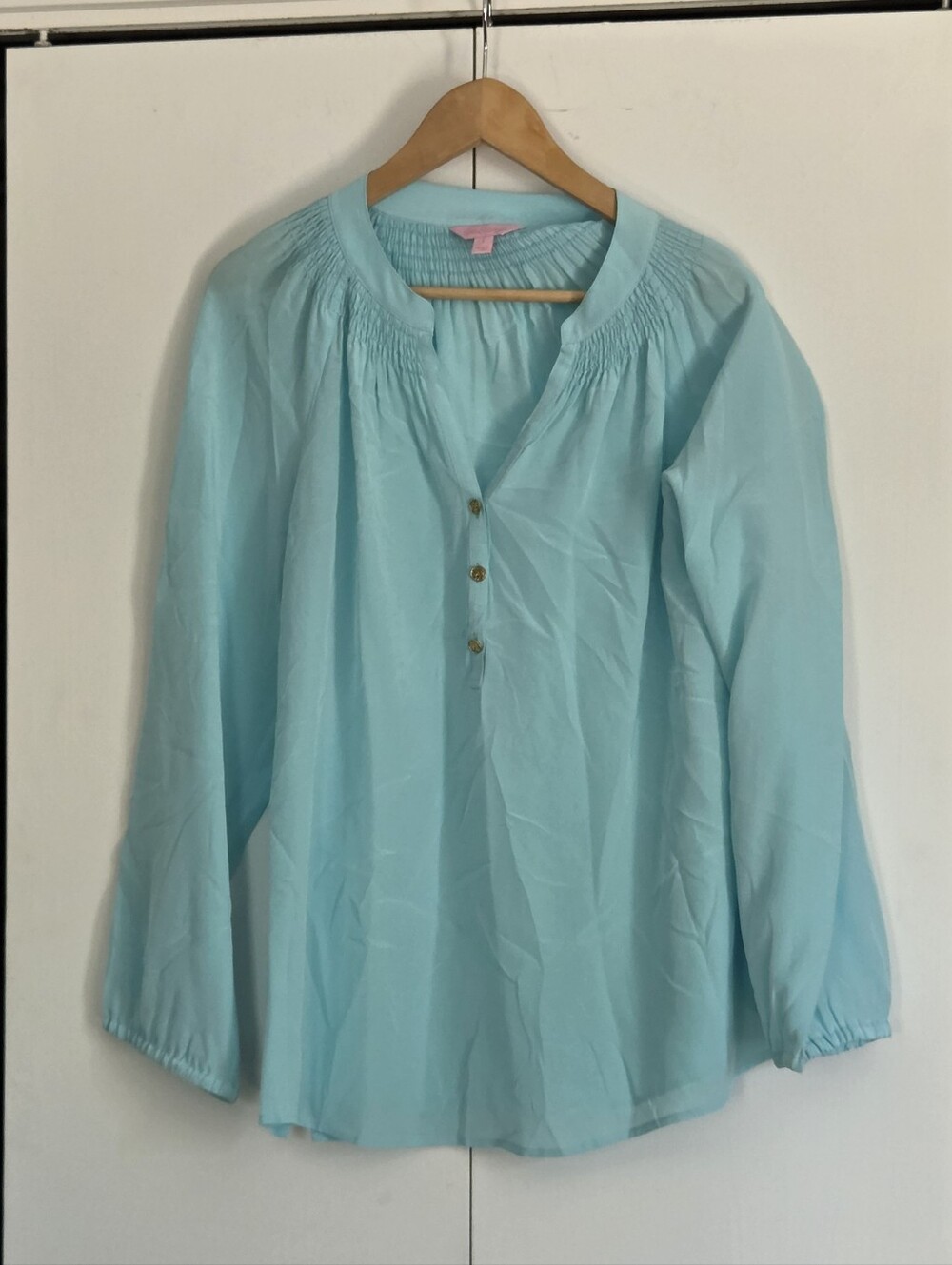 Lilly Pulitzer Silk Smocked Yoke Peasant Long Sleeve Top